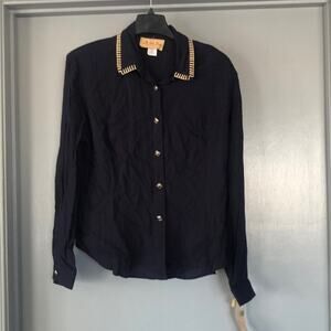 NWT New Frontier L Blue Western Women's Button Top Blanket Stitch Shoulder Pads